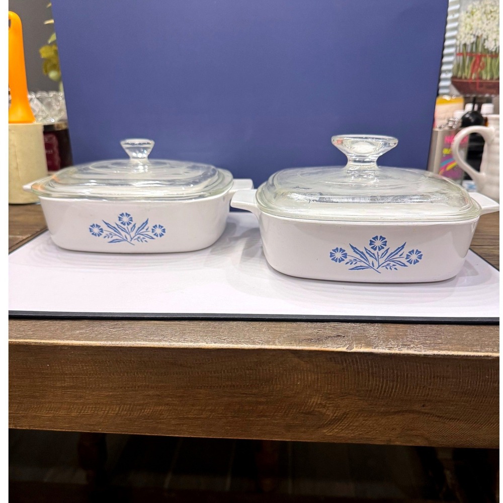 Pair Vintage Corning Ware Blue Cornflower A-1-B 1 Quart Casserole Glass Lids USA